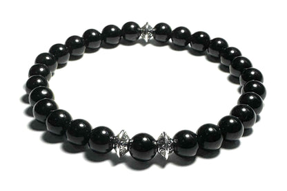 Obsidian Beaded Bracelet, 6mm Gemstones, Silver Alloy Spacers, Black