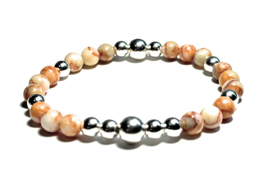 Red Line Jasper Gemstone Bracelet, 6mm Beads, Silver Metallic Accent, Natural Stone