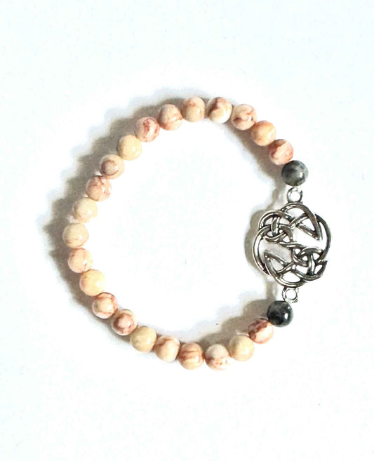 Red Line Jasper and Larvikite Beaded Bracelet with Celtic Knot Charm, Silver Alloy Stretchy
