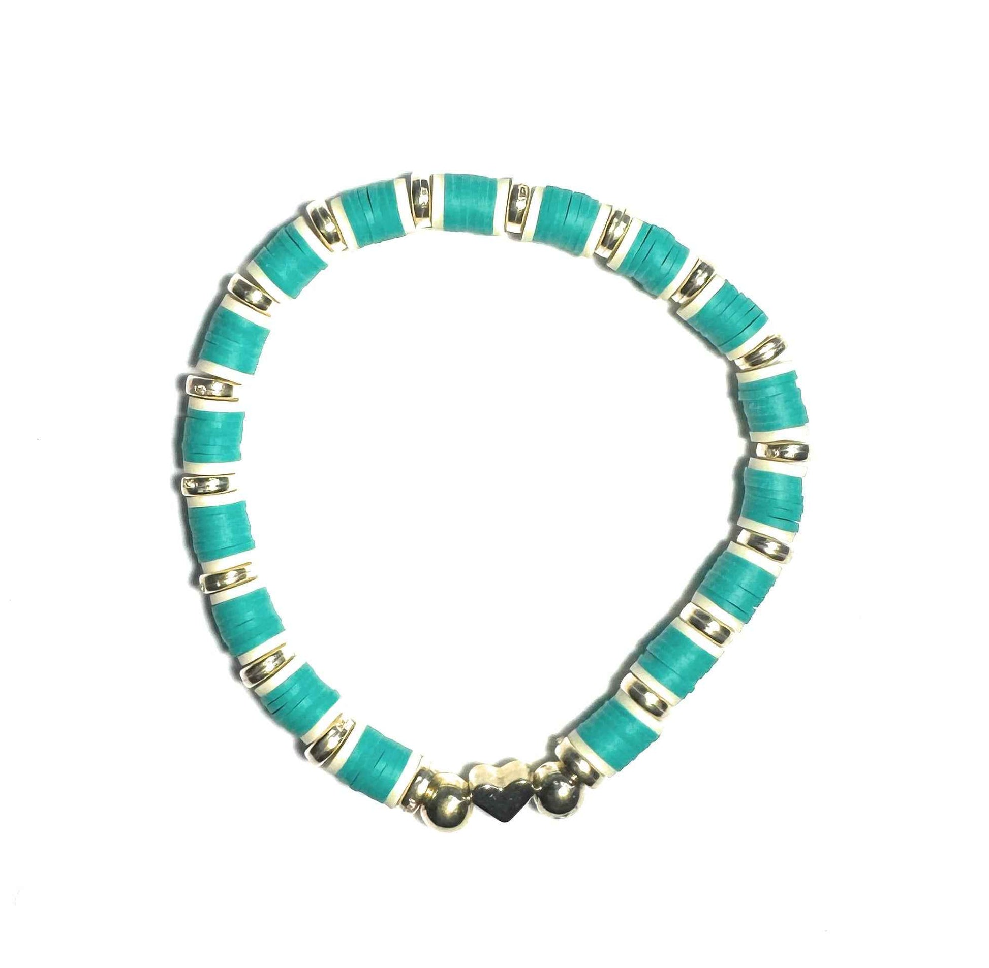 Turquoise Colored Heishi Bead Bracelet with Metallic Heart Accent
