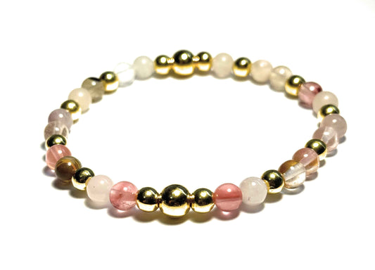 Natural Gemstone Bracelet, Volcano Cherry Quartz, Violets,and Pink Aventurine, 6mm Beads with Gold Metallic Accents