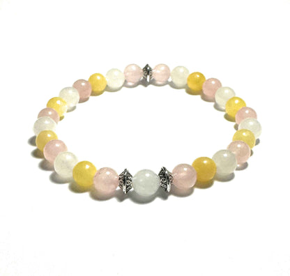 Natural Gemstone Beaded Bracelet, 6mm White Jade, Pink Quartz, Yellow Jade, Silver Alloy Spacers