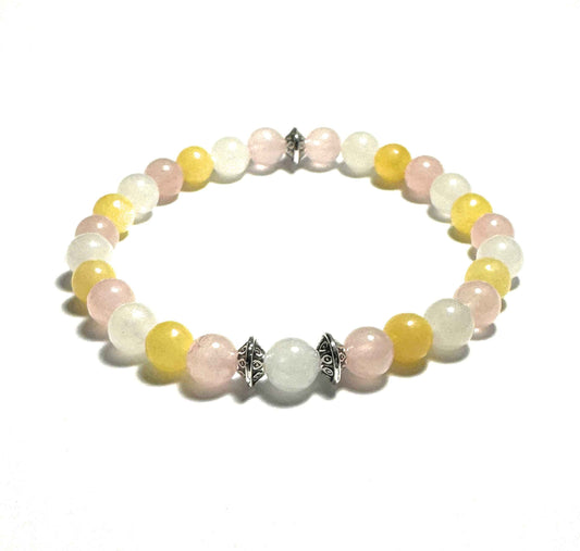 Natural Gemstone Beaded Bracelet, 6mm White Jade, Pink Quartz, Yellow Jade, Silver Alloy Spacers
