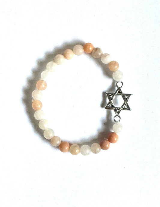 Star of David Bracelet, Pink Adventurine Gemstone Beads, Silver Alloy Charm, Stretch Style