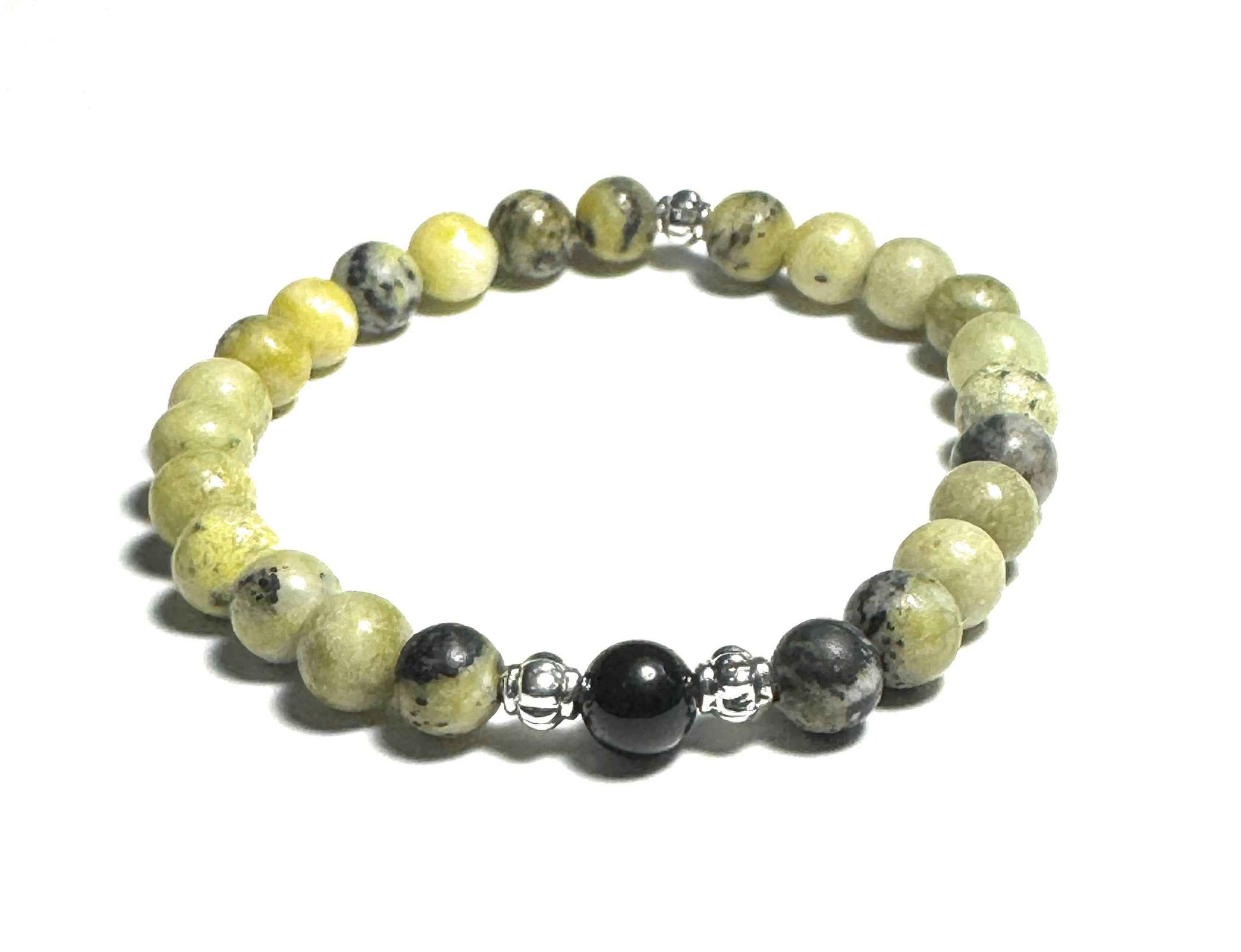 Natural Yellow Turquoise and Black Obsidian Beaded Bracelet with Silver Alloy Accents